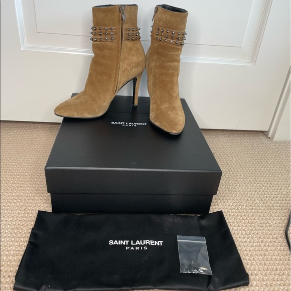 Authentic Saint Laurent Women Tan Suede Ankle Boot with silver spikes size:37.5 - Picture 2 of 12